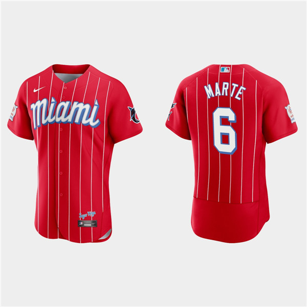 Men's Miami Marlins #6 Starling Marte Red 2021 City Connect Flex Base Stitched MLB Jersey
